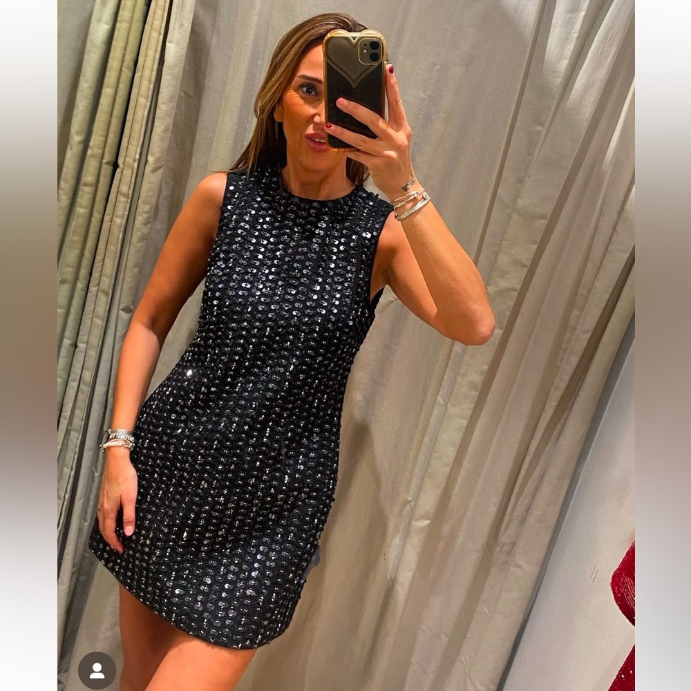 Zara wool blend sequin embellished black mini dress sz.L